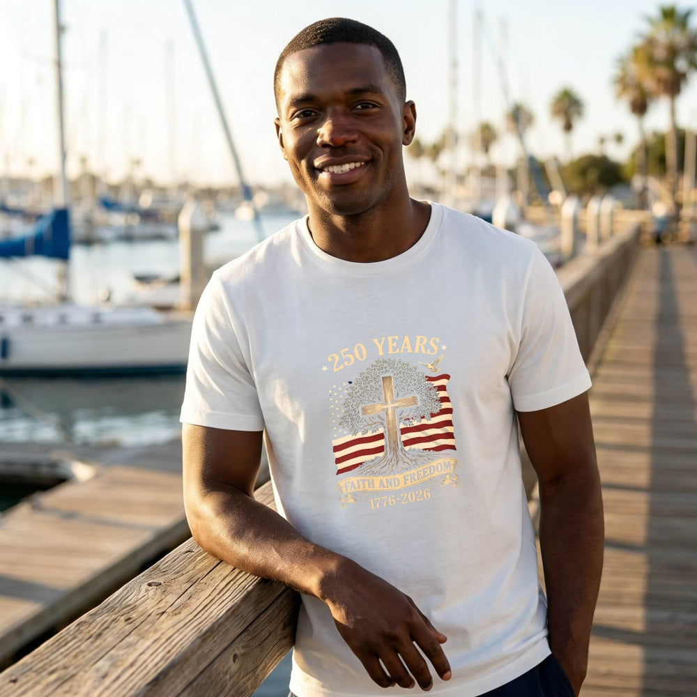 Patriotic Christian American Flag Cross Tree 250 Years Faith And Freedom 1776 2026 Classic T-Shirt