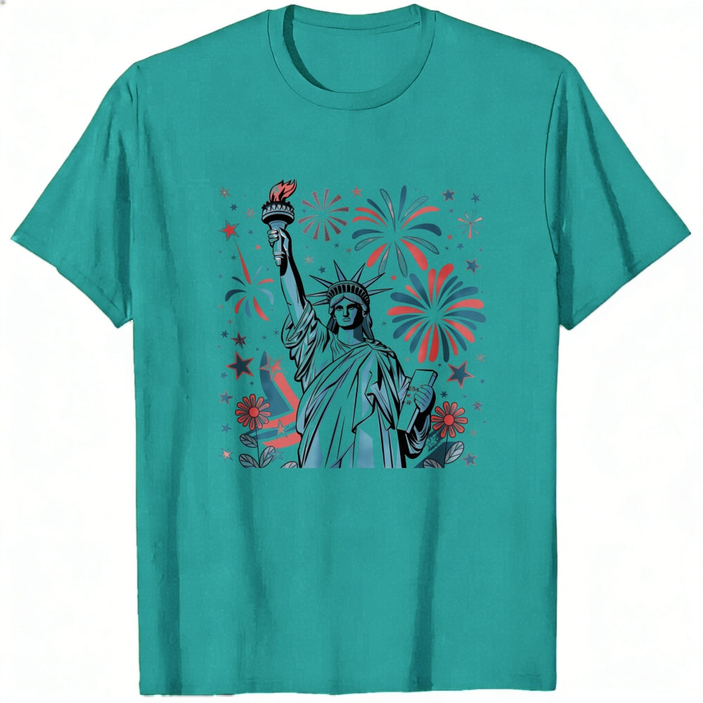 American Patriotic Design Classic T-Shirt Statue Of Liberty Fireworks Stars And Flowers