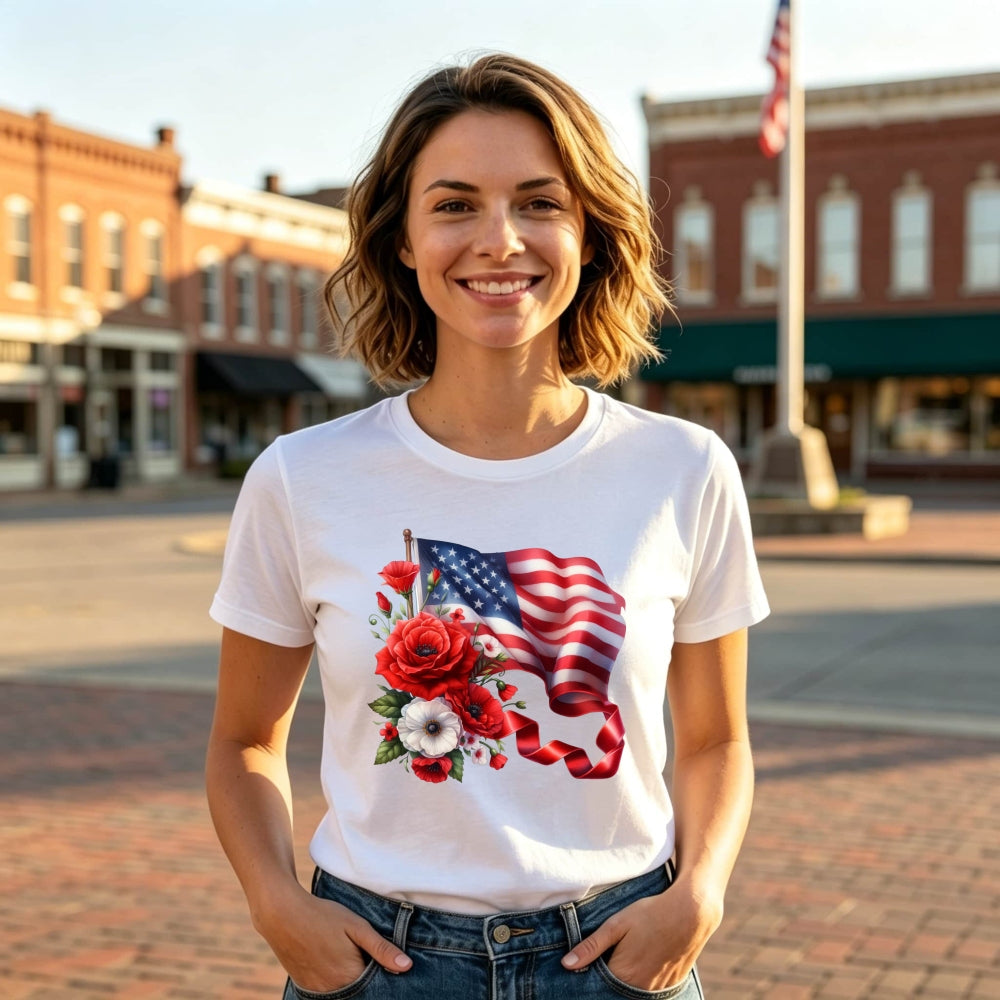Patriotic American Flag And Flowers Classic T-Shirt