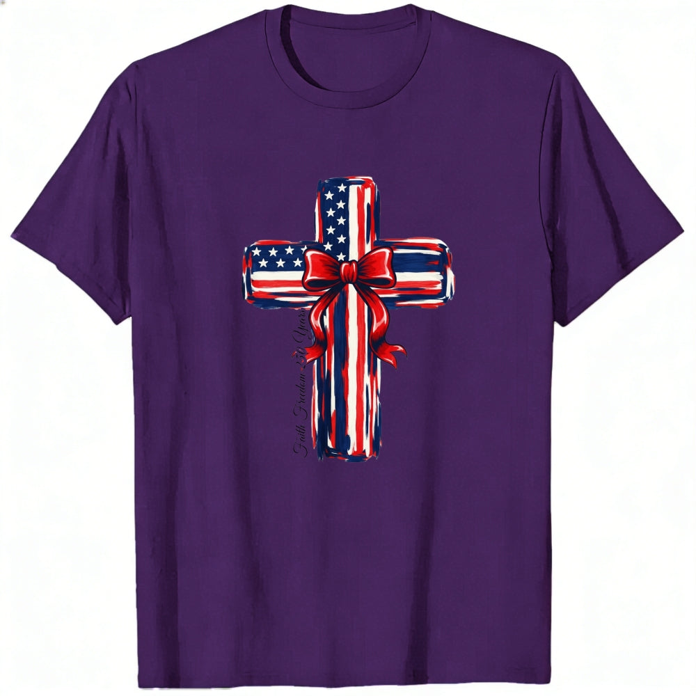 Patriotic Cross Design Classic T-Shirt American Flag Pattern With Red Bow And Inspirational Text