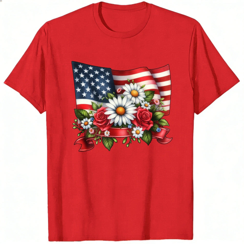 Patriotic American Flag And Flowers Classic T-Shirt
