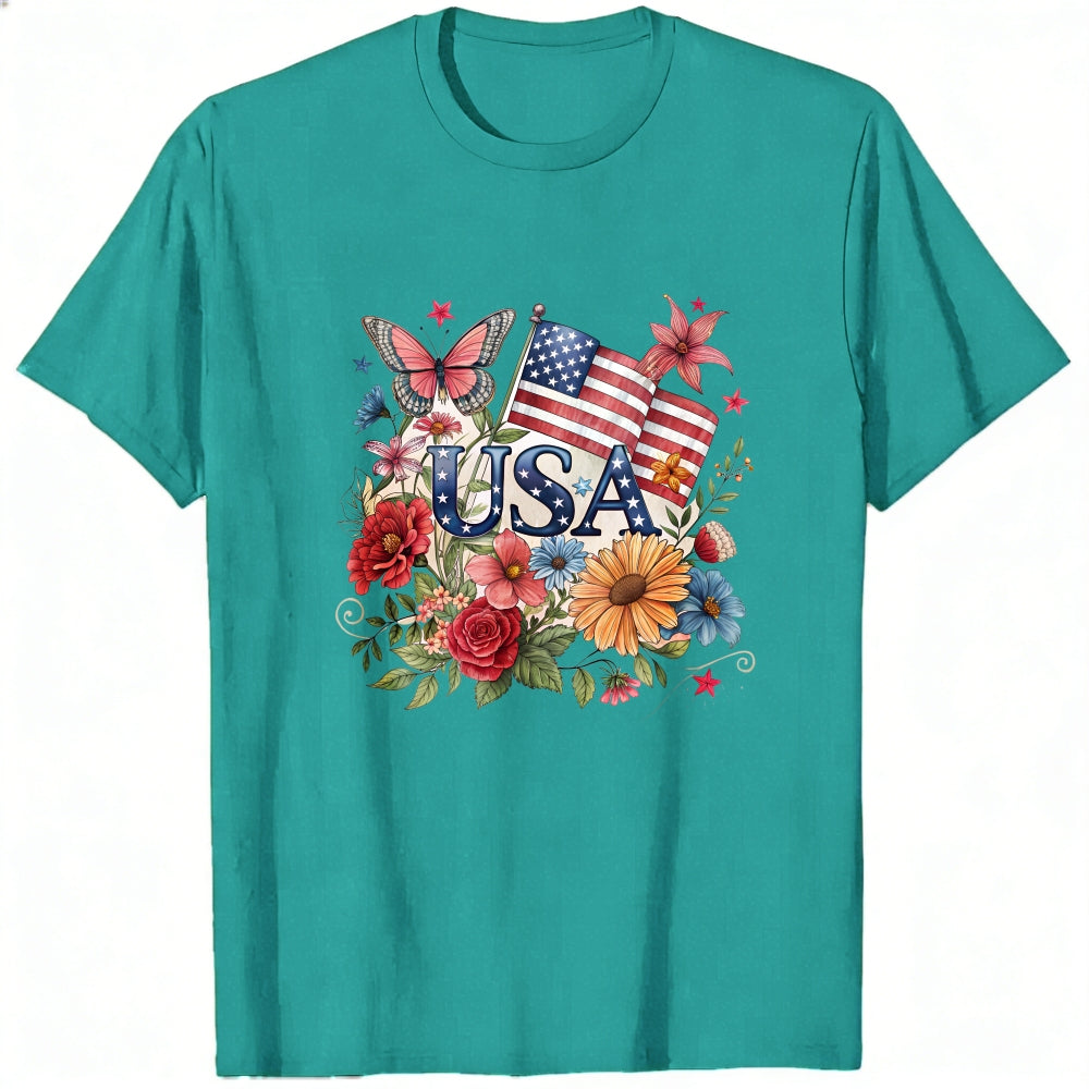 Patriotic Floral Design Classic T-Shirt Usa Flag And Flowers