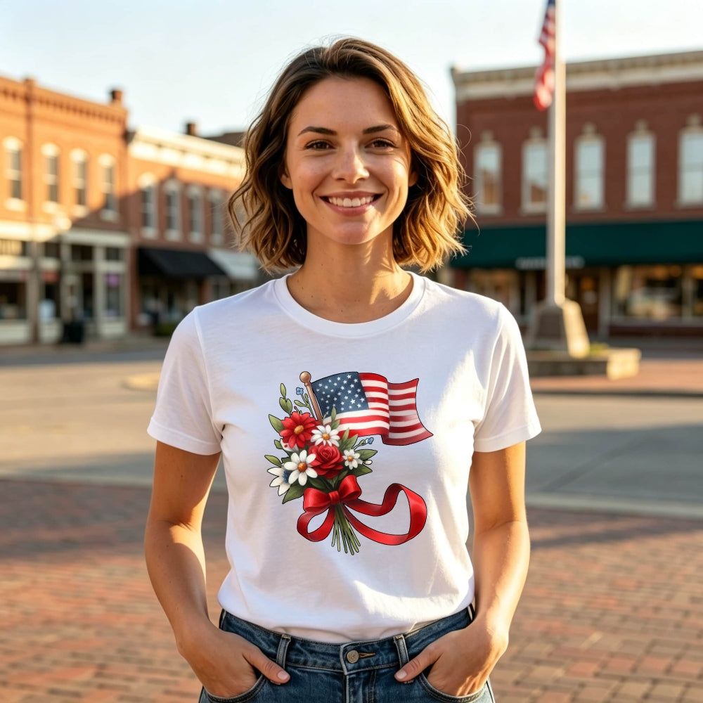 Patriotic Floral Design Classic T-Shirt American Flag And Flowers