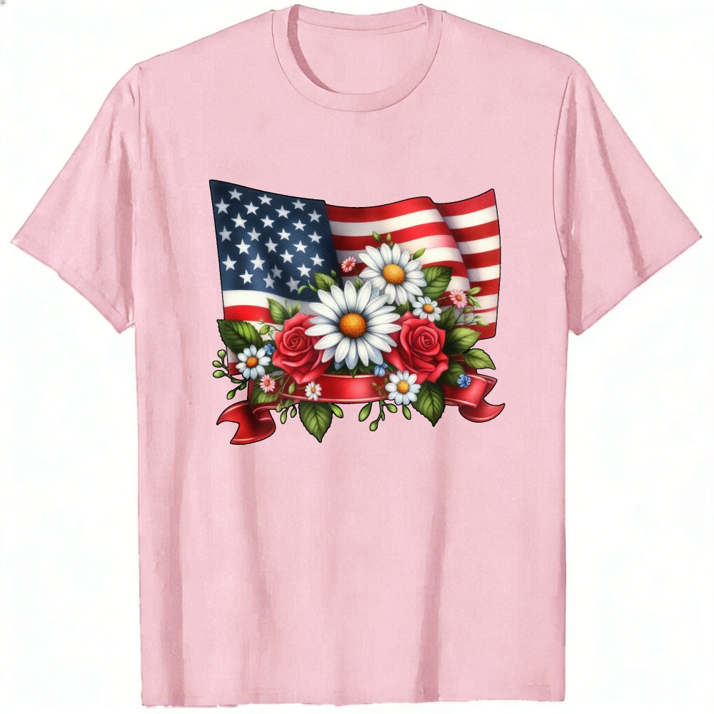 Patriotic American Flag And Flowers Classic T-Shirt