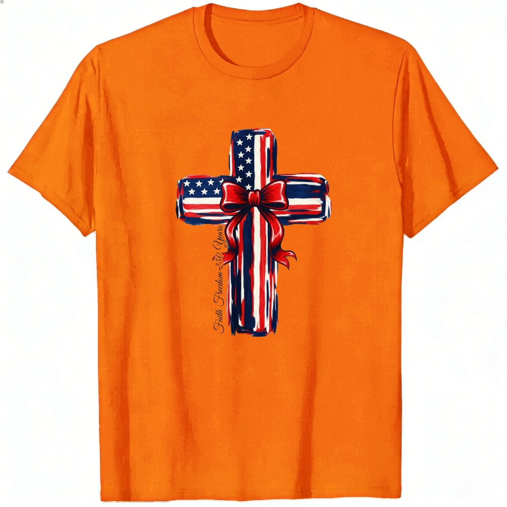 Patriotic Cross Design Classic T-Shirt American Flag Pattern With Red Bow And Inspirational Text