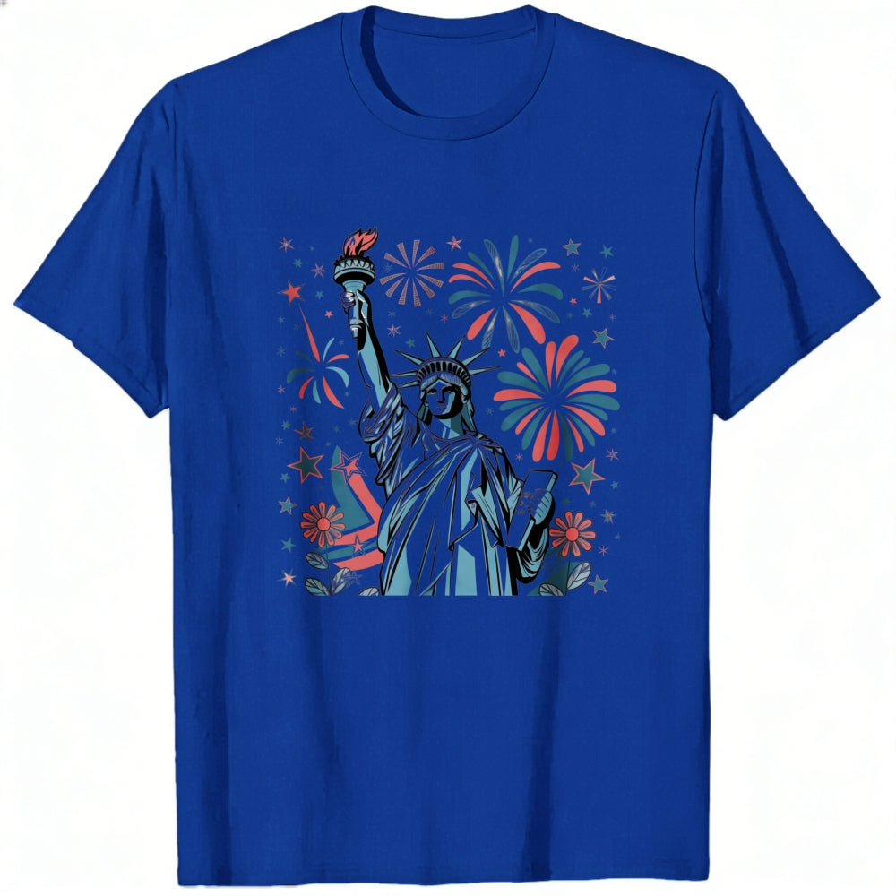 American Patriotic Design Classic T-Shirt Statue Of Liberty Fireworks Stars And Flowers