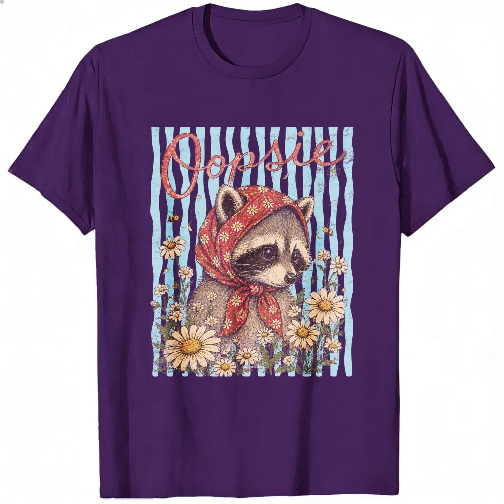 Vintage Style Classic T-Shirt Oopsie Raccoon With Red Bandana And Daisy Flowers