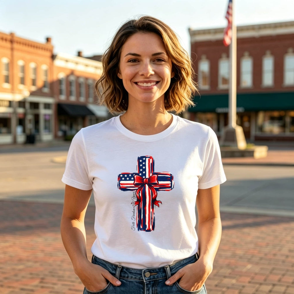 Patriotic Cross Design Classic T-Shirt American Flag Pattern With Red Bow And Inspirational Text