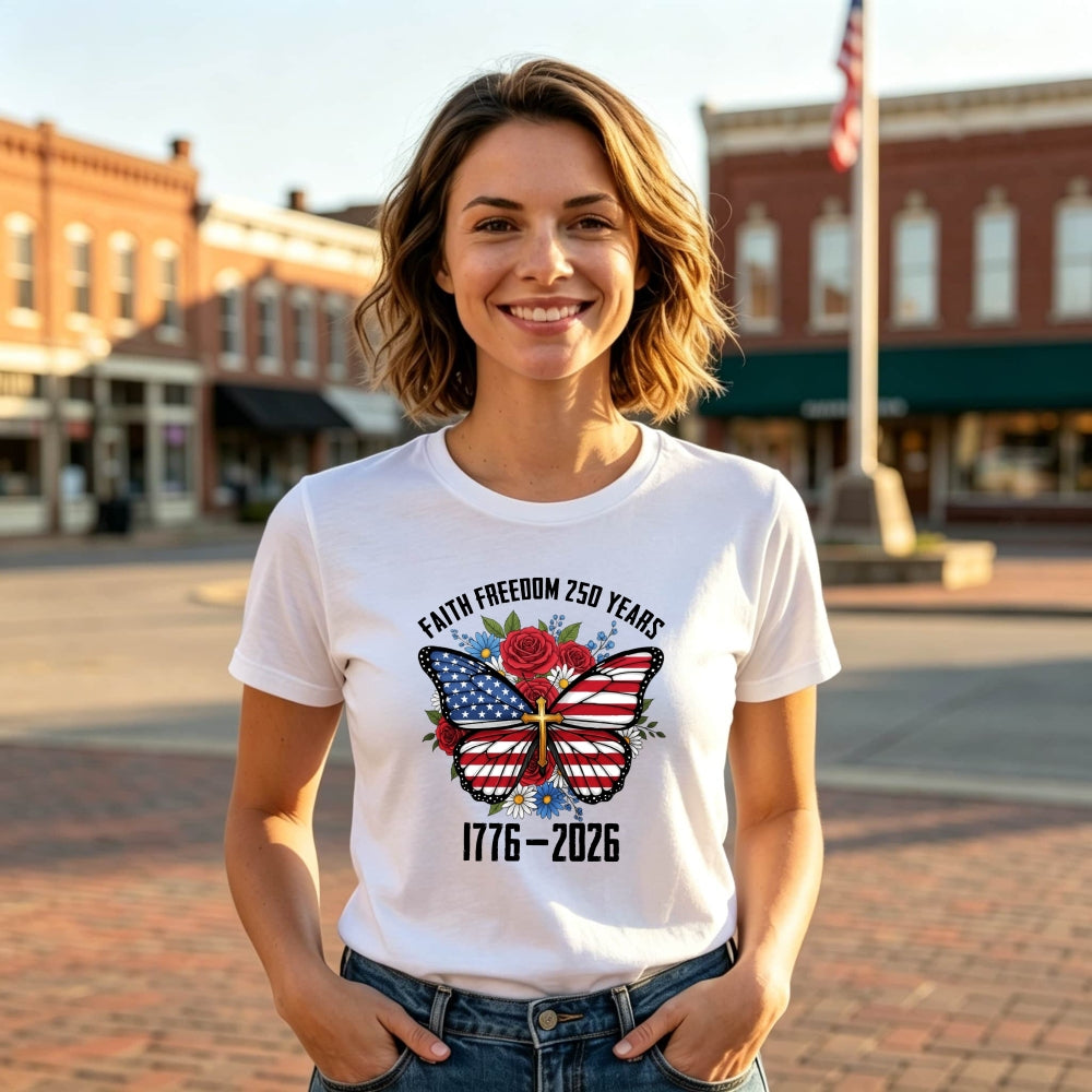 Patriotic Butterfly With American Flag And Roses Classic T-Shirt Faith Freedom 250 Years 1776 2026