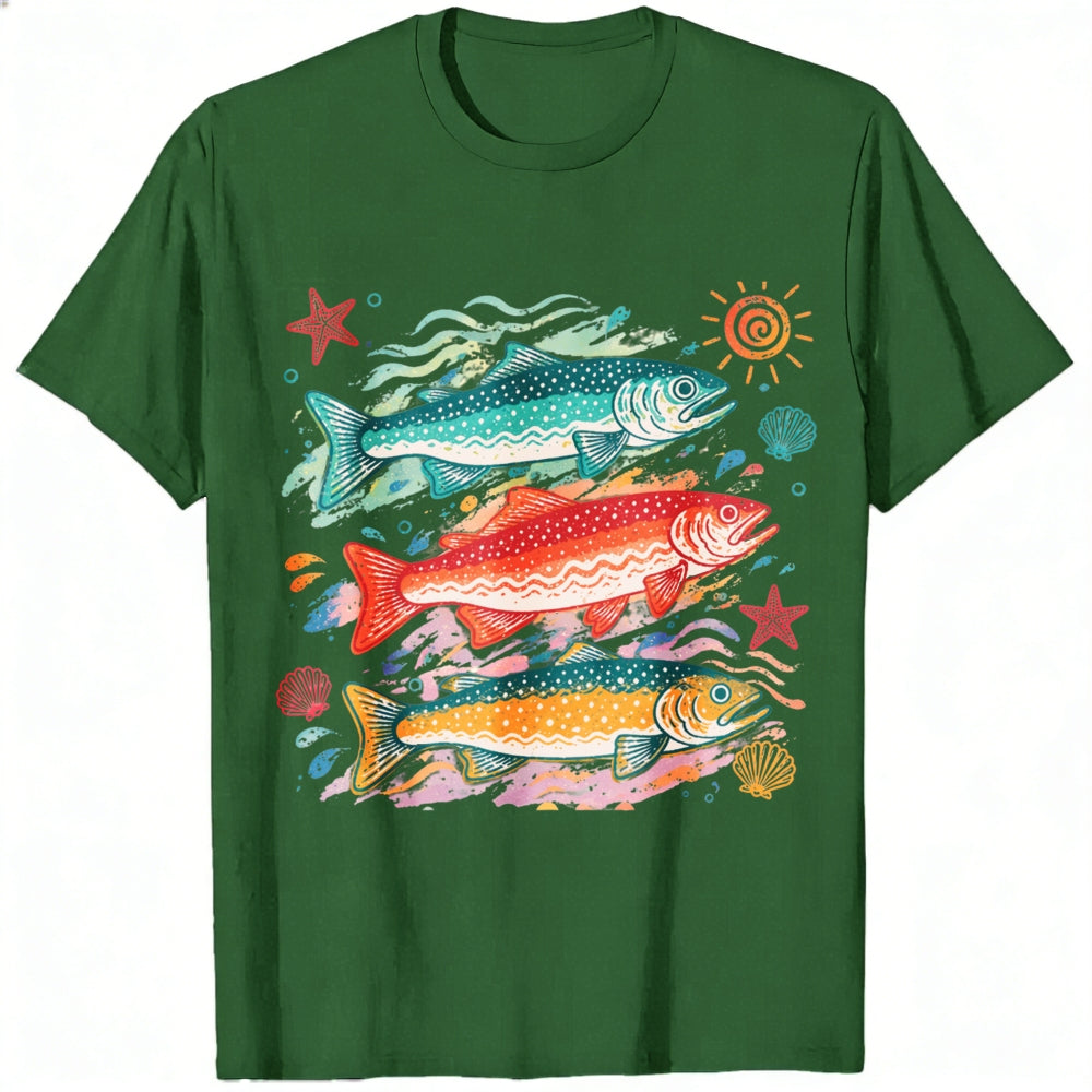 Vintage Style Classic T-Shirt Colorful Trout Fish And Sea Stars Ocean Art