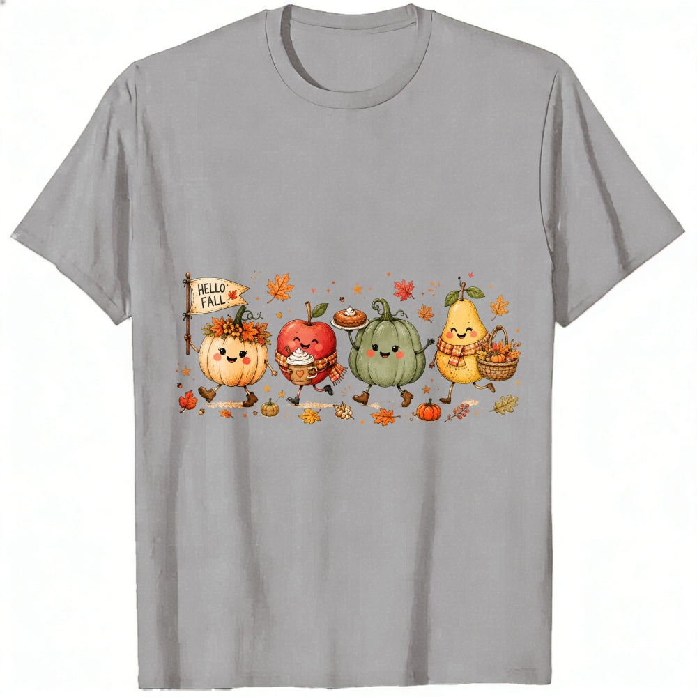 Cute Kawaii Autumn Harvest Pumpkin Apple Pear Classic T-Shirt Hello Fall Seasonal Fruit Vegetable De