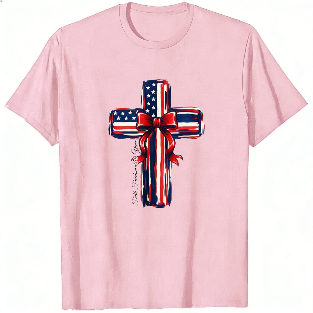 Patriotic Cross Design Classic T-Shirt American Flag Pattern With Red Bow And Inspirational Text