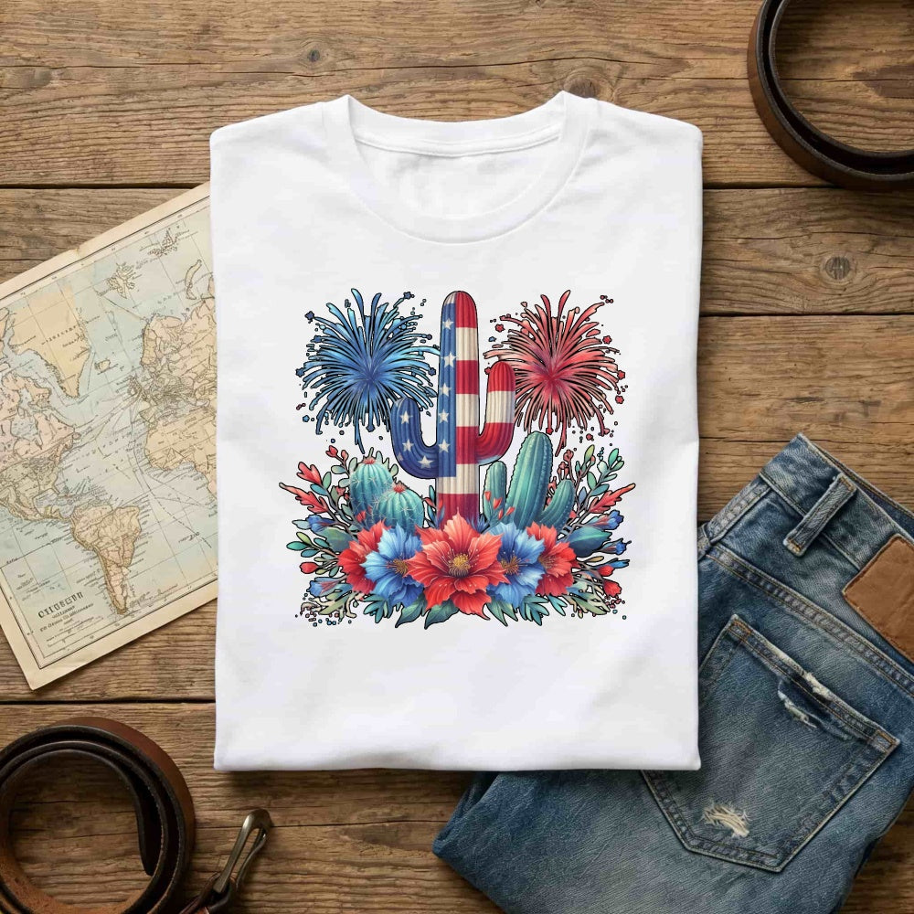 American Flag Cactus And Flowers Classic T-Shirt