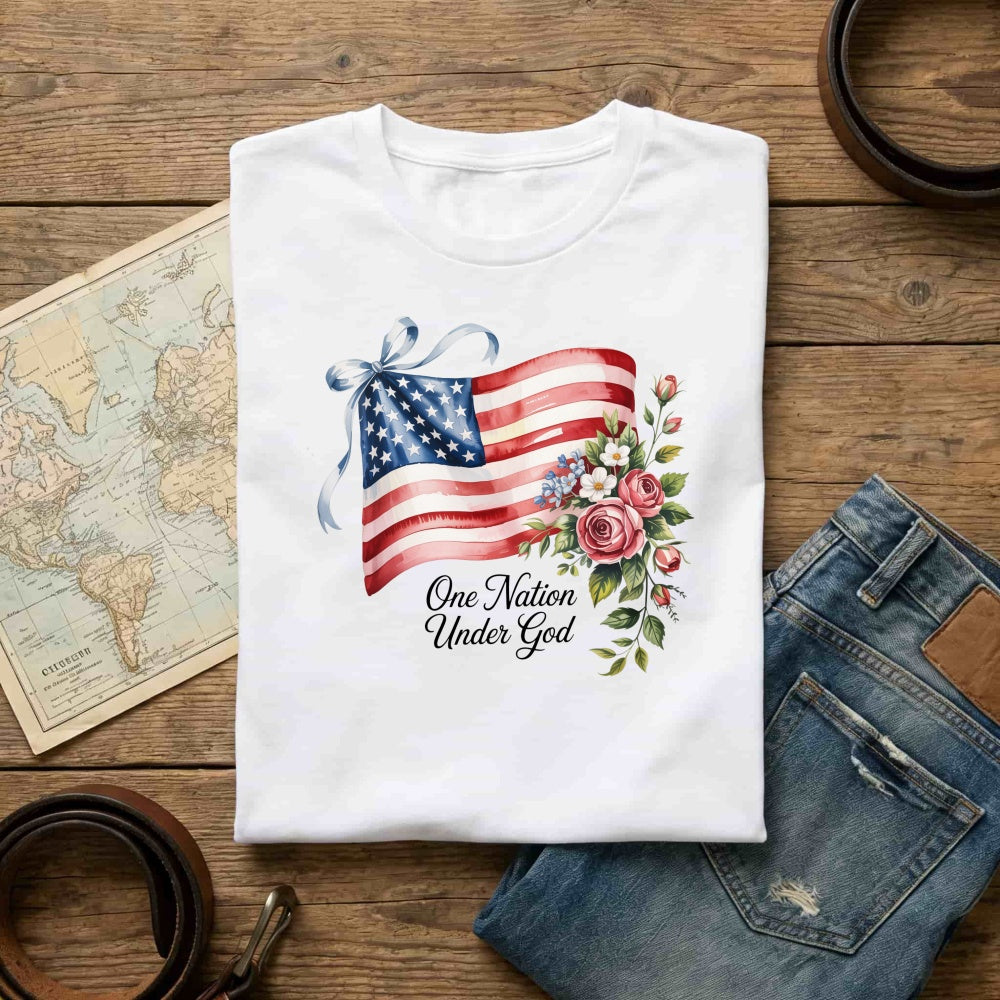 Patriotic American Flag Floral Design Classic T-Shirt One Nation Under God