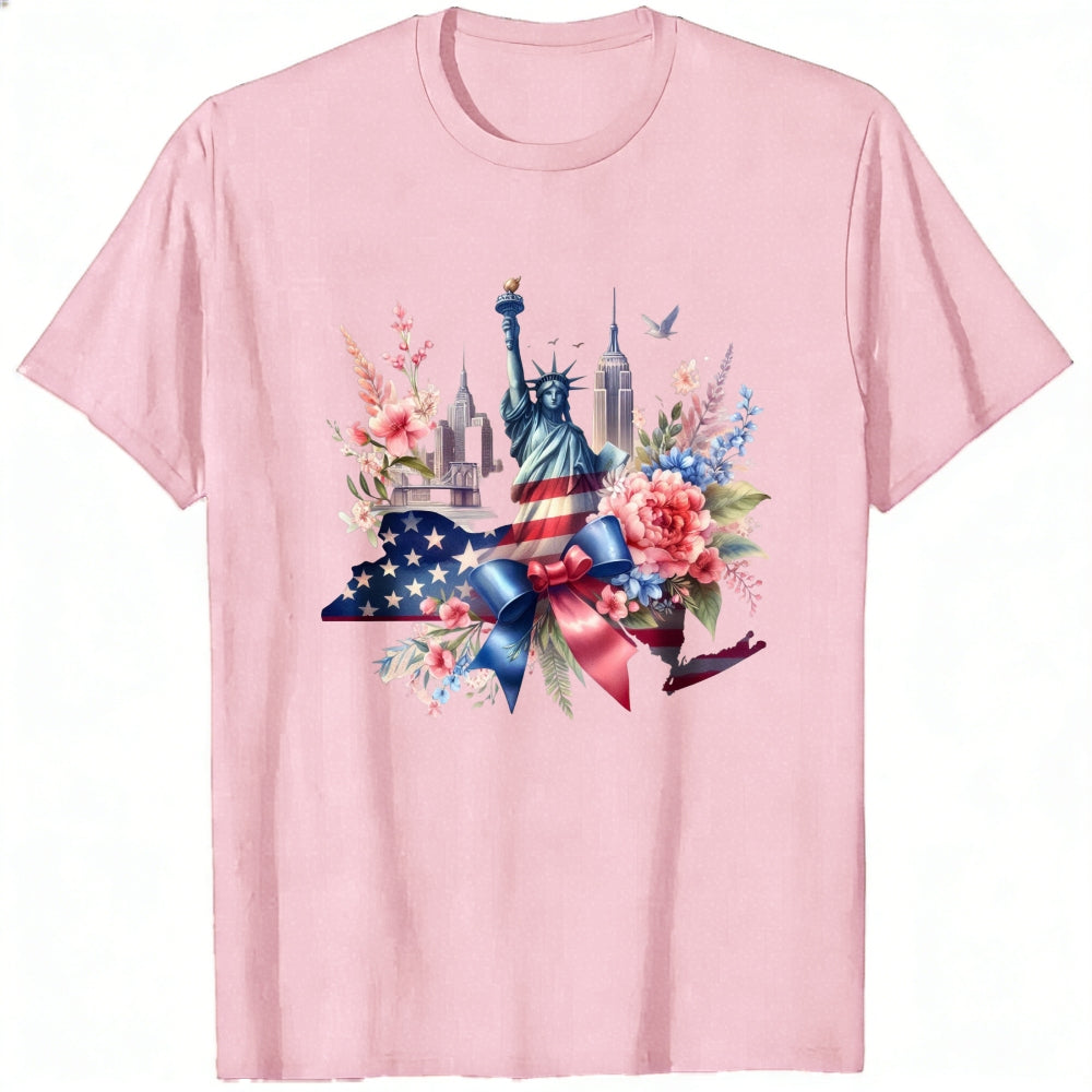 Patriotic Floral Design Classic T-Shirt Statue Of Liberty And American Flag With Flowers And Cityscape