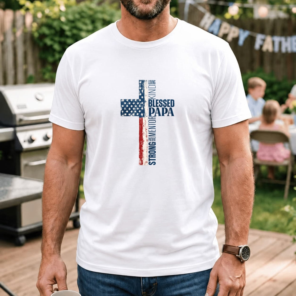 American Flag Cross Design Classic T-Shirt Blessed Papa Patriotic Christian Theme