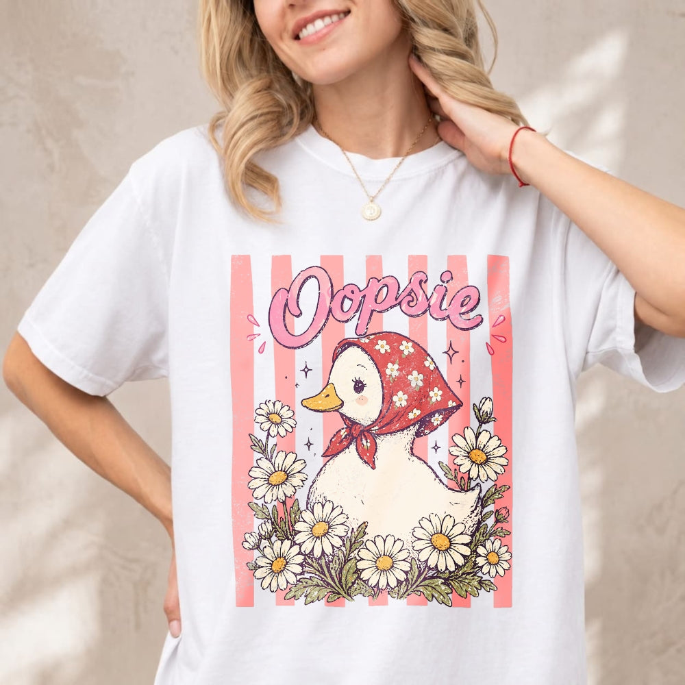 Cute Vintage Style Classic T-Shirt Oopsie Duck With Daisy Flowers And Red Bandana