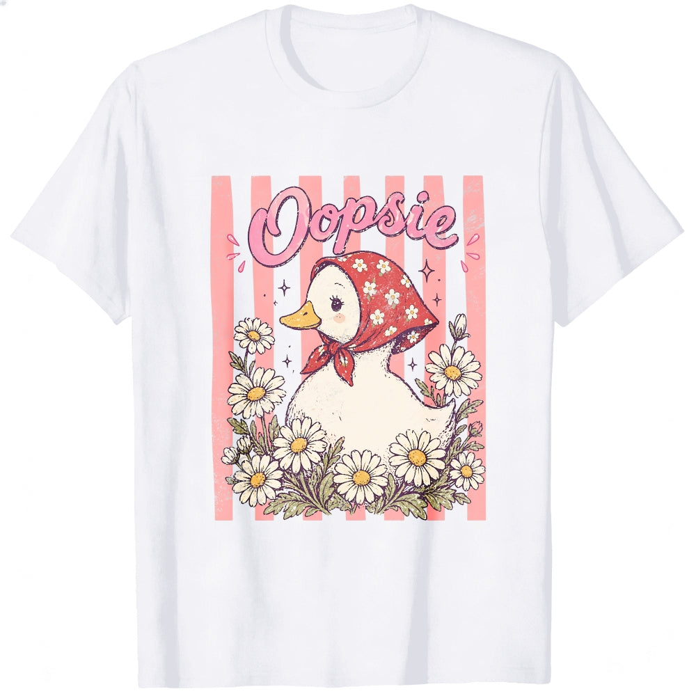Cute Vintage Style Classic T-Shirt Oopsie Duck With Daisy Flowers And Red Bandana