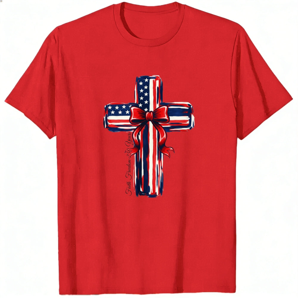Patriotic Cross Design Classic T-Shirt American Flag Pattern With Red Bow And Inspirational Text