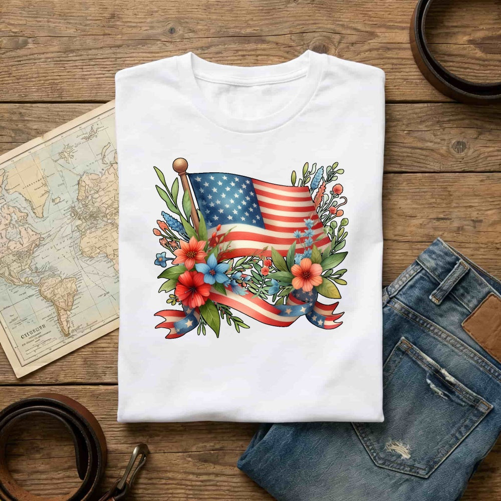 Patriotic Floral Design Classic T-Shirt American Flag And Flowers