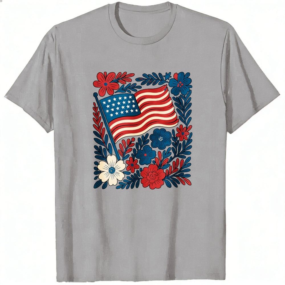 Patriotic Floral Design Classic T-Shirt American Flag And Flowers