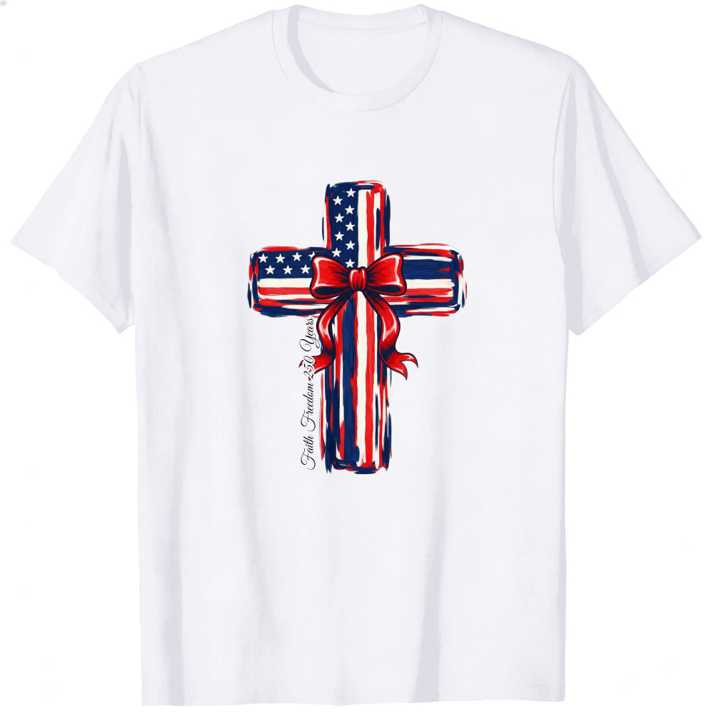 Patriotic Cross Design Classic T-Shirt American Flag Pattern With Red Bow And Inspirational Text