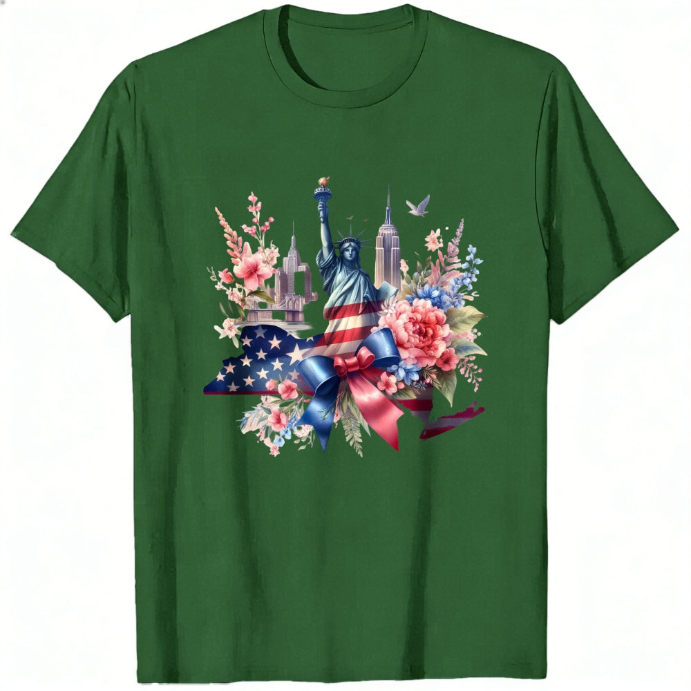 Patriotic Floral Design Classic T-Shirt Statue Of Liberty And American Flag With Flowers And Cityscape