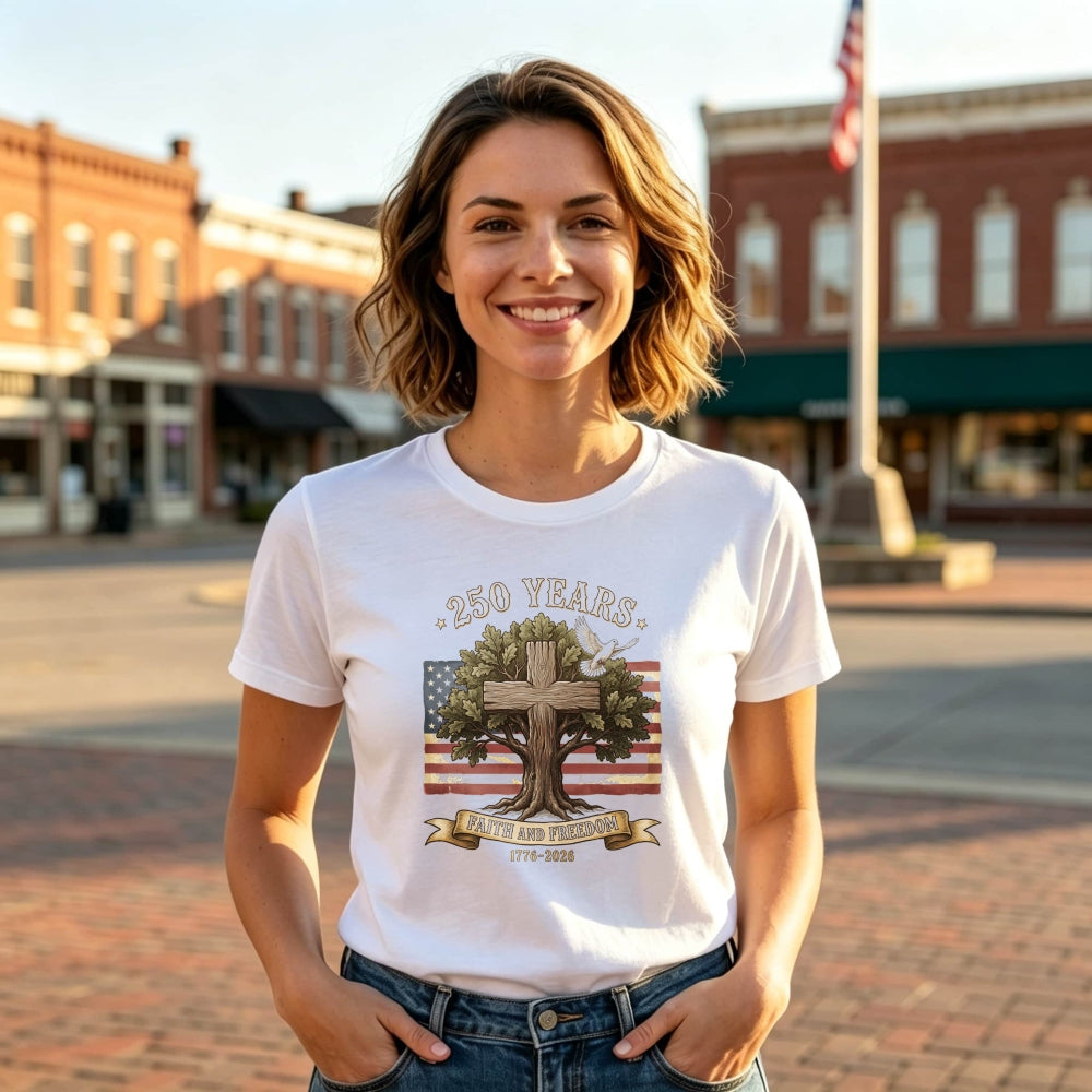 Patriotic American Flag Tree Cross Classic T-Shirt Faith And Freedom 250 Years 1776 2026