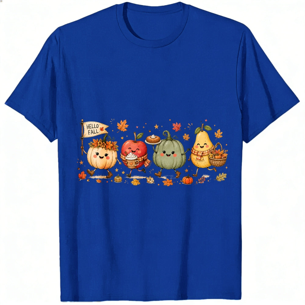 Cute Kawaii Autumn Harvest Pumpkin Apple Pear Classic T-Shirt Hello Fall Seasonal Fruit Vegetable De