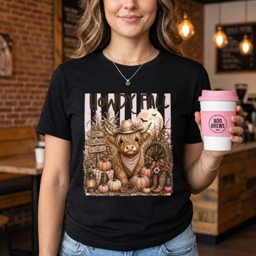 Rustic Farmhouse Halloween Highland Cow Classic T-Shirt Howdy Fall Pumpkin Harvest Autumn Design