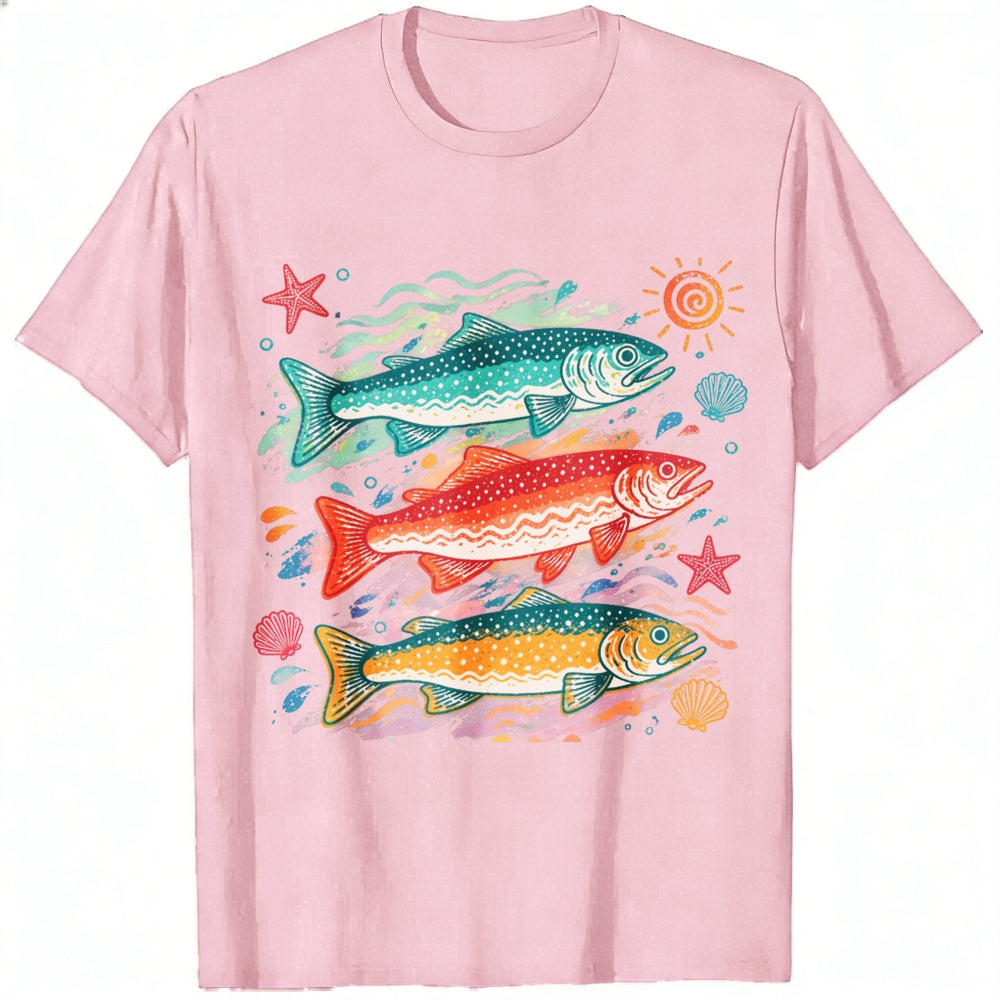 Vintage Style Classic T-Shirt Colorful Trout Fish And Sea Stars Ocean Art