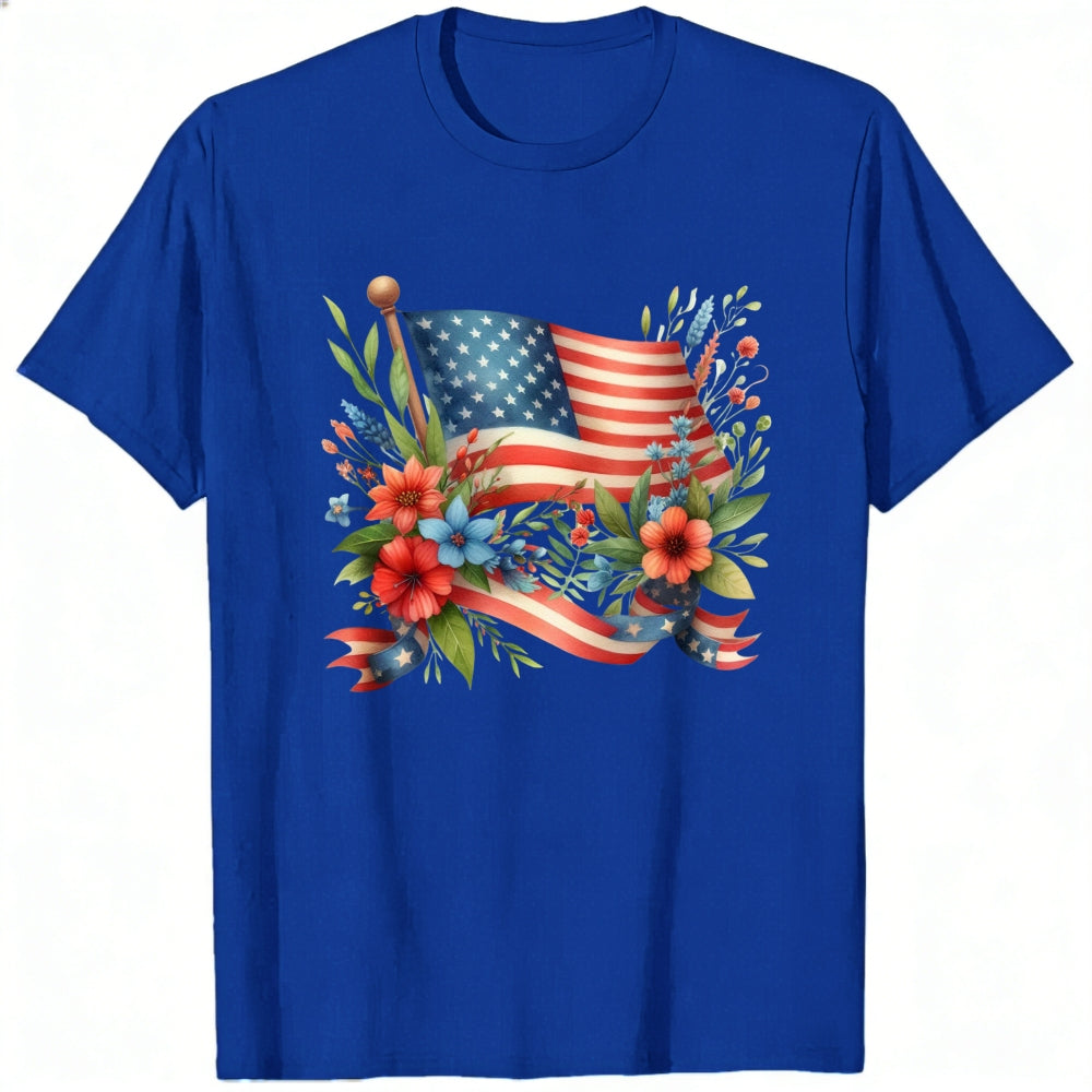 Patriotic Floral Design Classic T-Shirt American Flag And Flowers