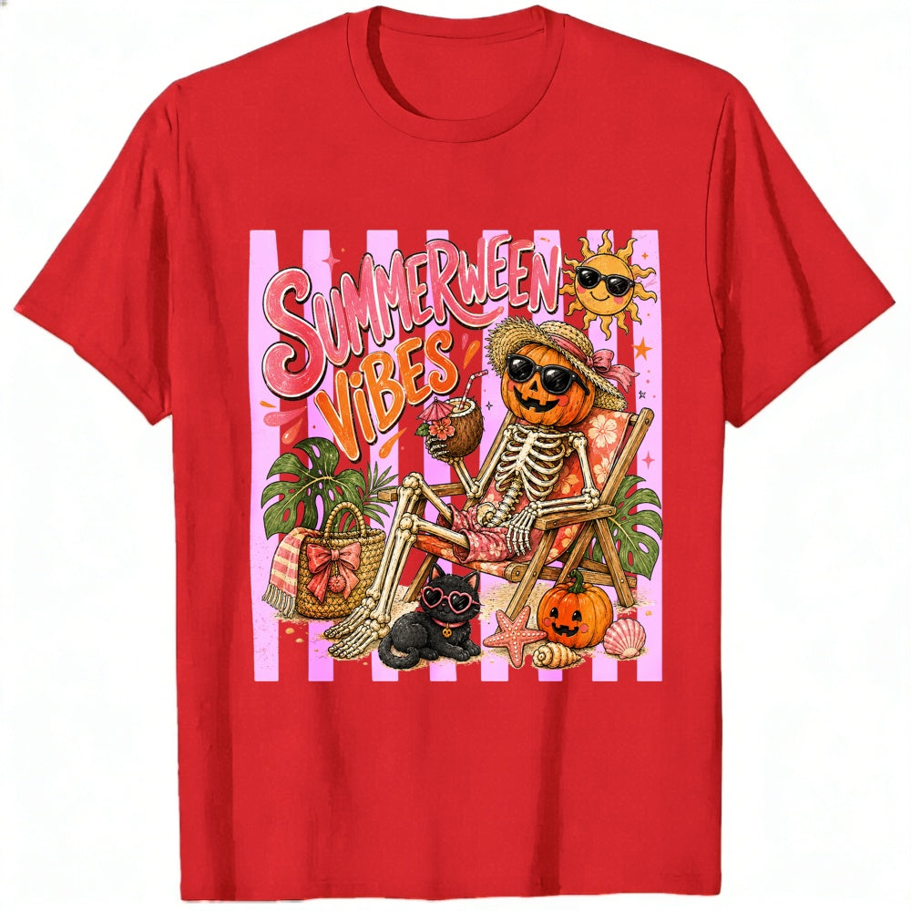 Retro Summer Halloween Vibes Skeleton Pumpkin Beach Classic T-Shirt