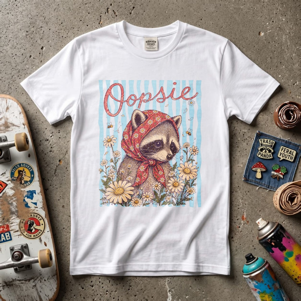 Vintage Style Classic T-Shirt Oopsie Raccoon With Red Bandana And Daisy Flowers