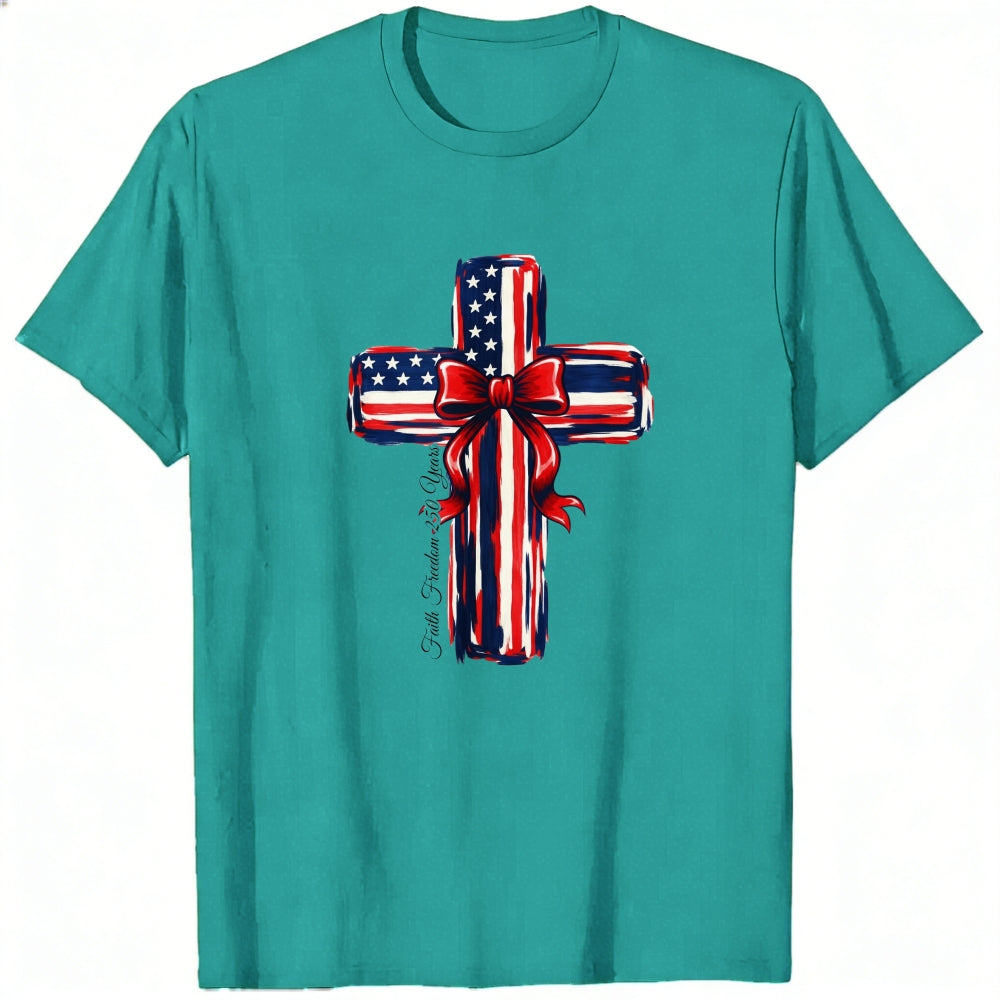 Patriotic Cross Design Classic T-Shirt American Flag Pattern With Red Bow And Inspirational Text