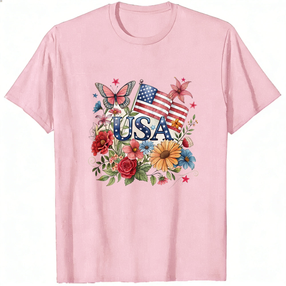 Patriotic Floral Design Classic T-Shirt Usa Flag And Flowers