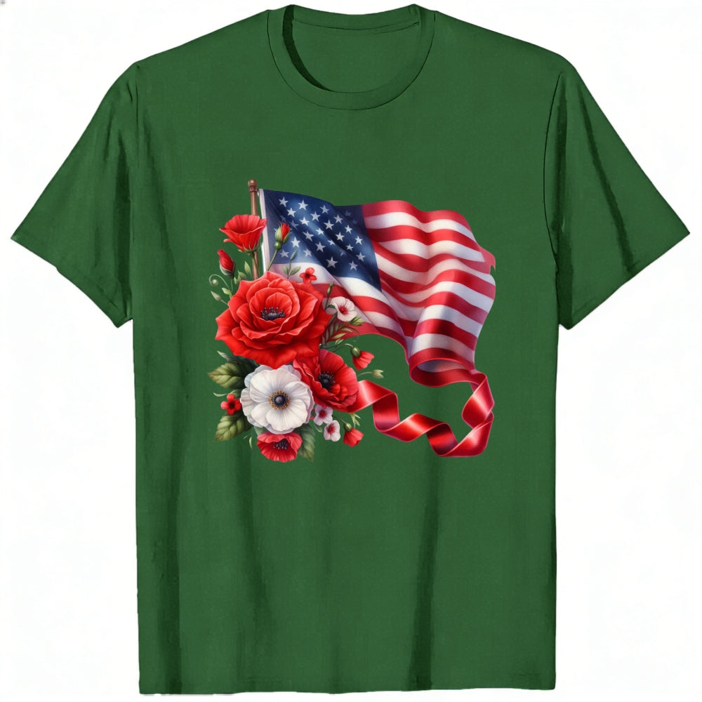 Patriotic American Flag And Flowers Classic T-Shirt