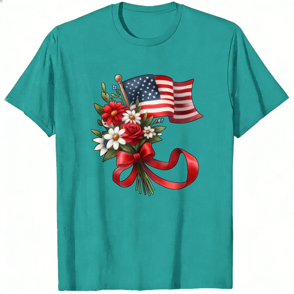 Patriotic Floral Design Classic T-Shirt American Flag And Flowers