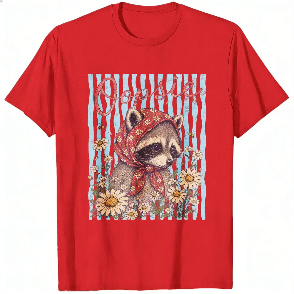 Vintage Style Classic T-Shirt Oopsie Raccoon With Red Bandana And Daisy Flowers