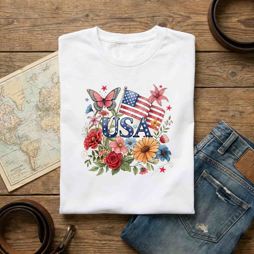 Patriotic Floral Design Classic T-Shirt Usa Flag And Flowers