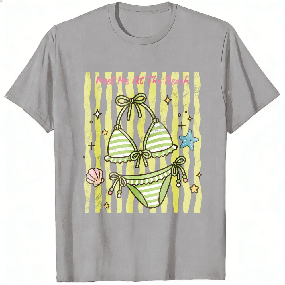 Cute Summer Beach Bikini Graphic Classic T-Shirt Meet Me At The Beach Striped Seashell Starfish Desi