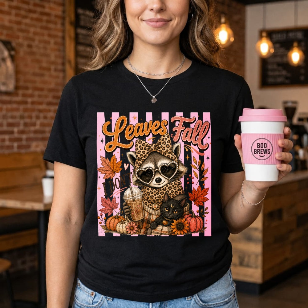 Cute Leopard Raccoon And Black Cat Autumn Leaves Fall Classic T-Shirt