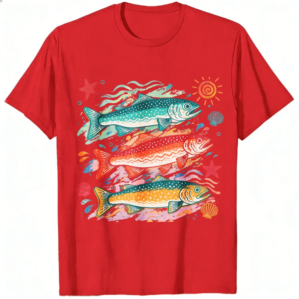 Vintage Style Classic T-Shirt Colorful Trout Fish And Sea Stars Ocean Art
