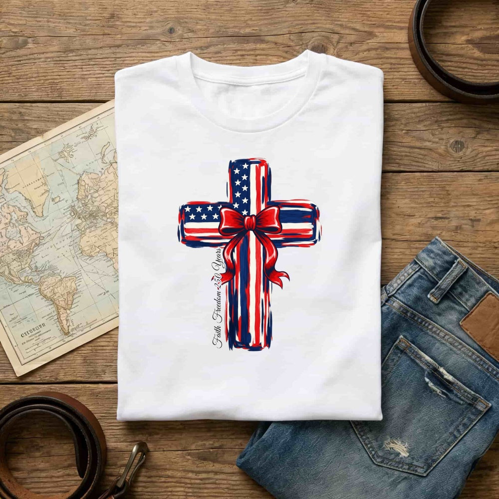 Patriotic Cross Design Classic T-Shirt American Flag Pattern With Red Bow And Inspirational Text