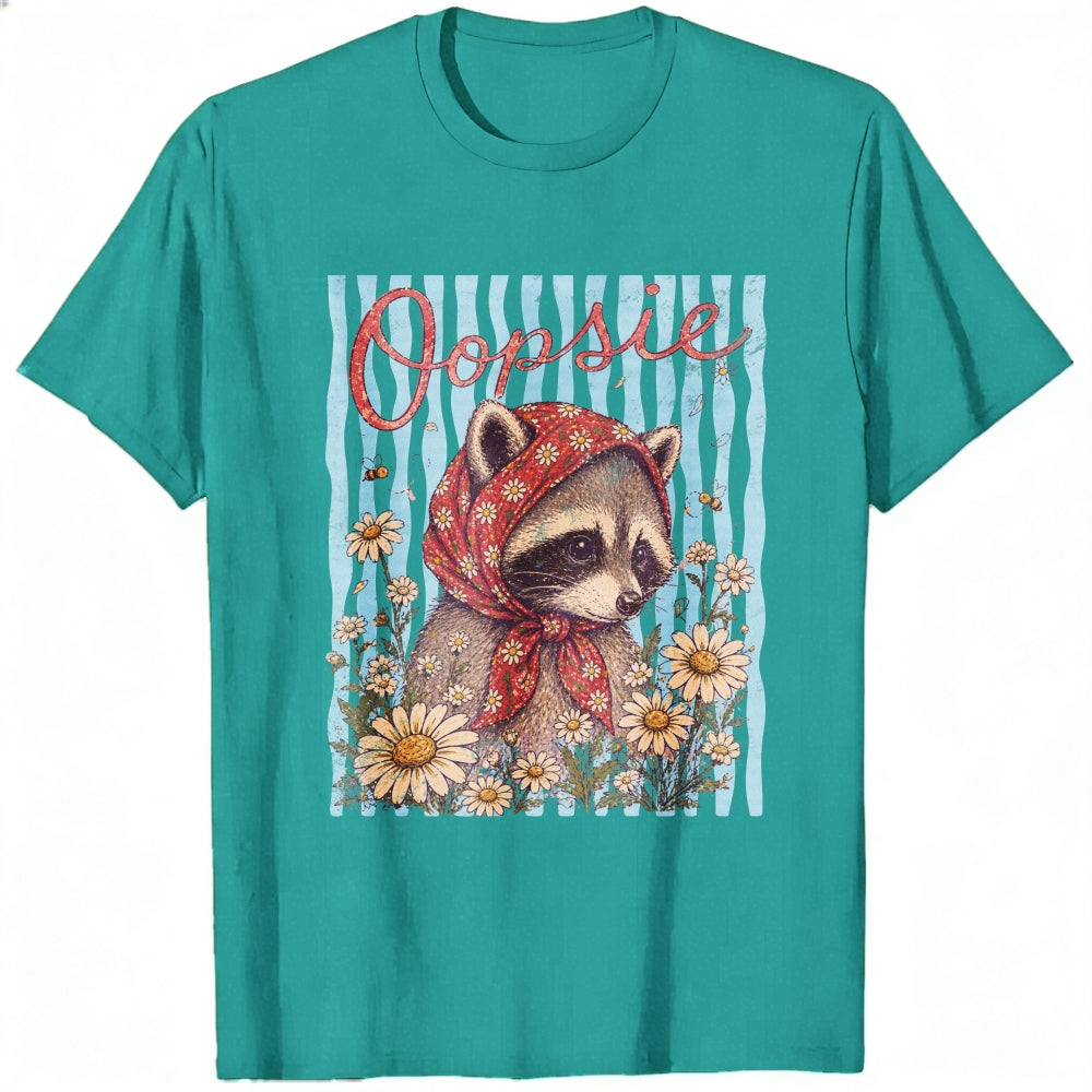 Vintage Style Classic T-Shirt Oopsie Raccoon With Red Bandana And Daisy Flowers