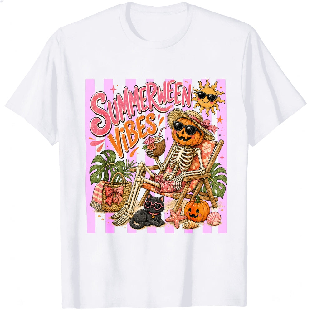 Retro Summer Halloween Vibes Skeleton Pumpkin Beach Classic T-Shirt