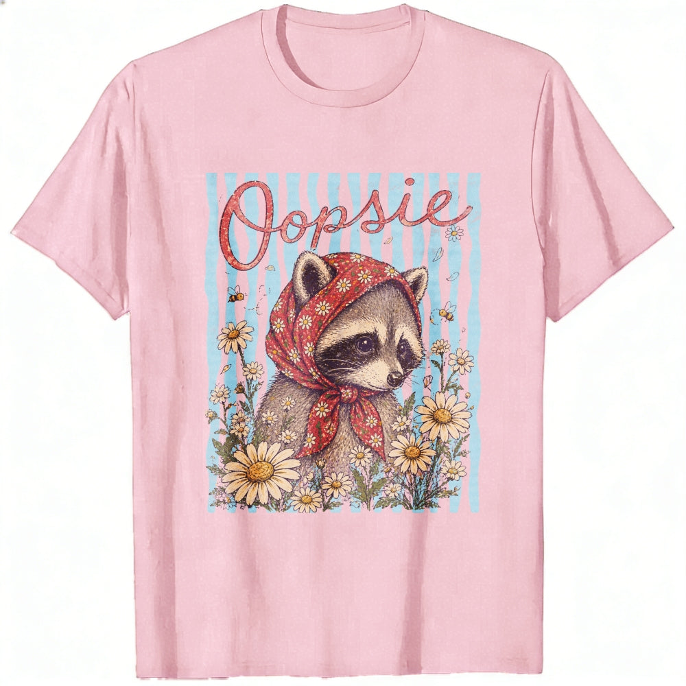 Vintage Style Classic T-Shirt Oopsie Raccoon With Red Bandana And Daisy Flowers