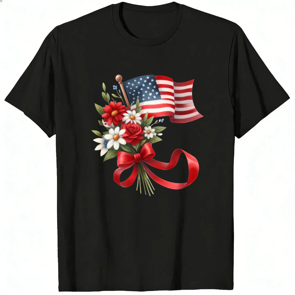 Patriotic Floral Design Classic T-Shirt American Flag And Flowers