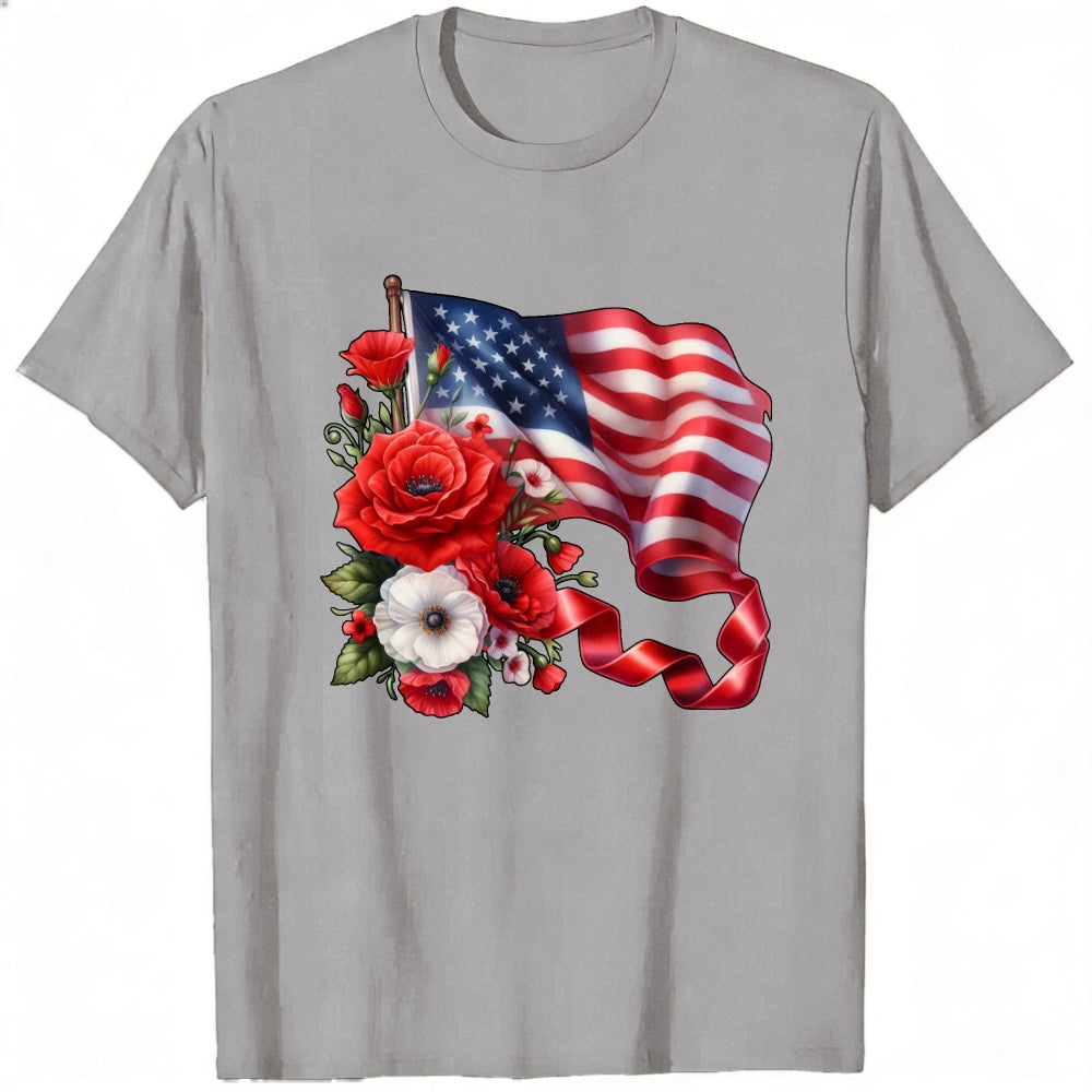 Patriotic American Flag And Flowers Classic T-Shirt