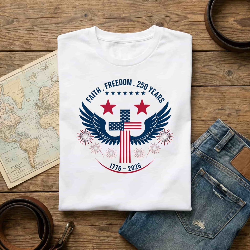 Patriotic American Flag Cross Wings Classic T-Shirt Faith Freedom 250 Years 1776 2026